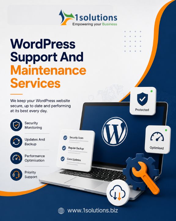 1Solutions WordPress maintenance - security monitoring, updates, backups, and performance optimisation