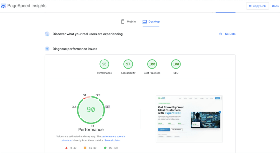 Page speed insight LCP overview
